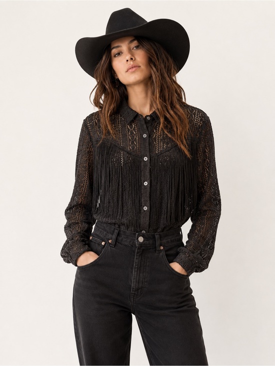 Idyllwind Tops - Idyllwind Black Lace Fringe Western Blouse Button Front M